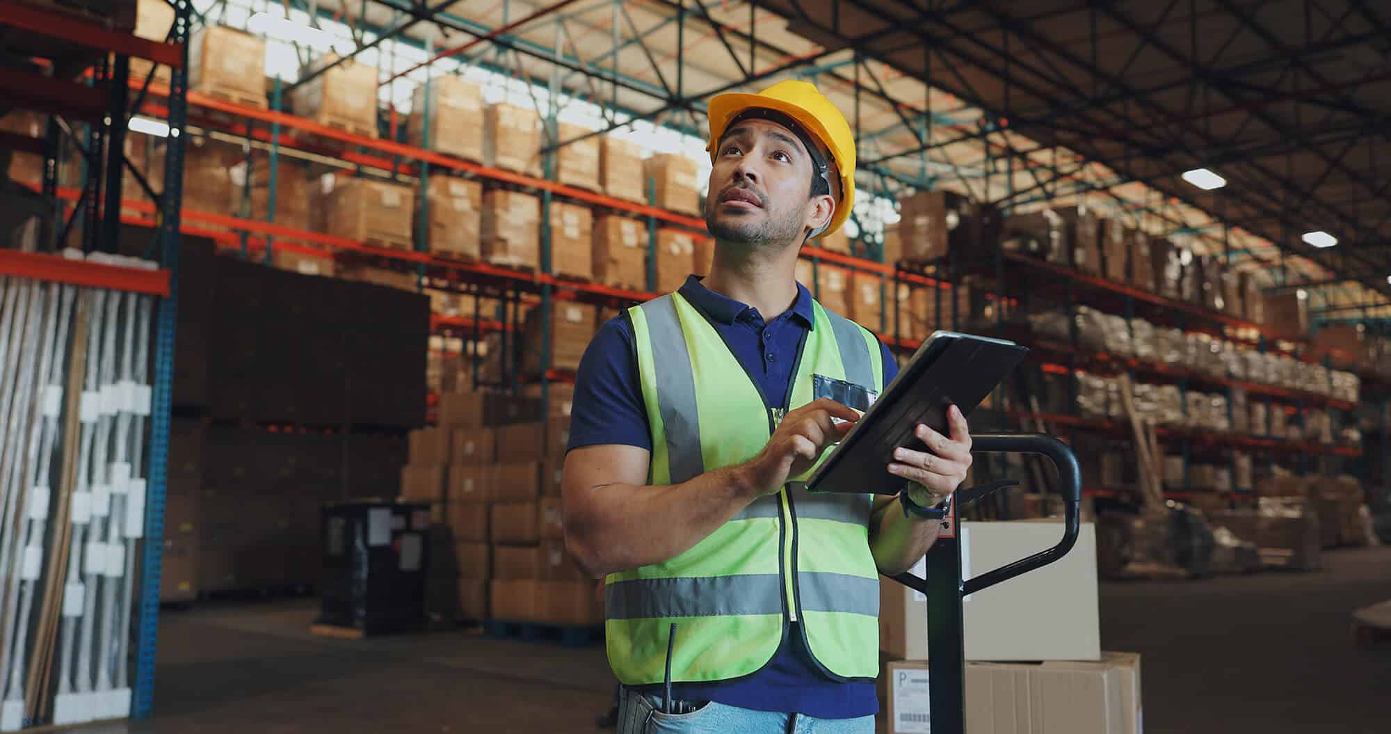 Warehouse, man and tablet in factory for logistics