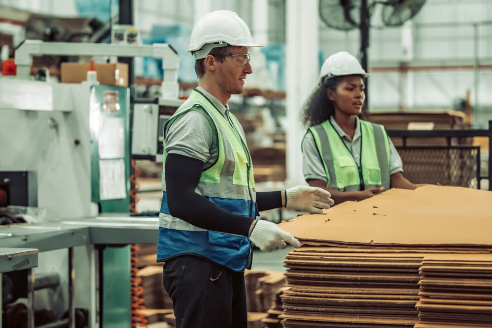 Two factory workers in safety gear handling large cardboard sheets in a spacious warehouse packaging facility.