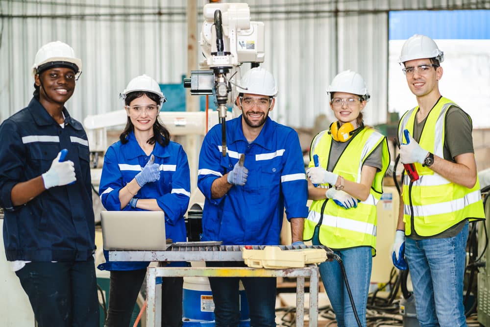 Group of five smiling workers in hard hats and safety gear giving thumbs up beside laptop and industrial machinery in factory.