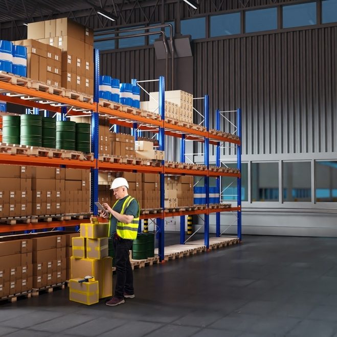 Storekeeper with tablet keeps track of goods.
