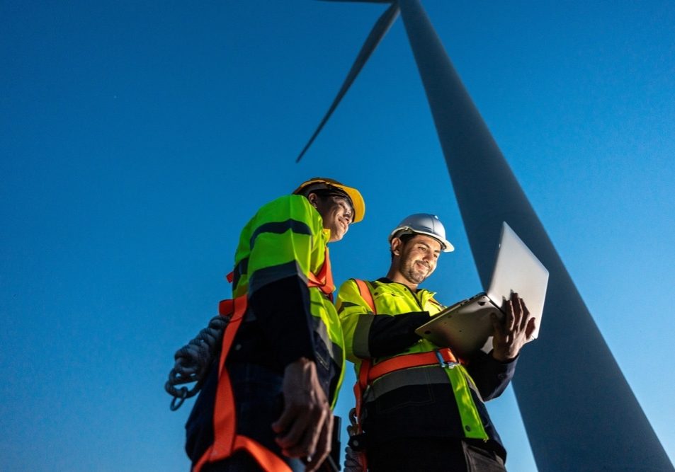 Diverse ethnicity male technicians working in the wind turbines field.