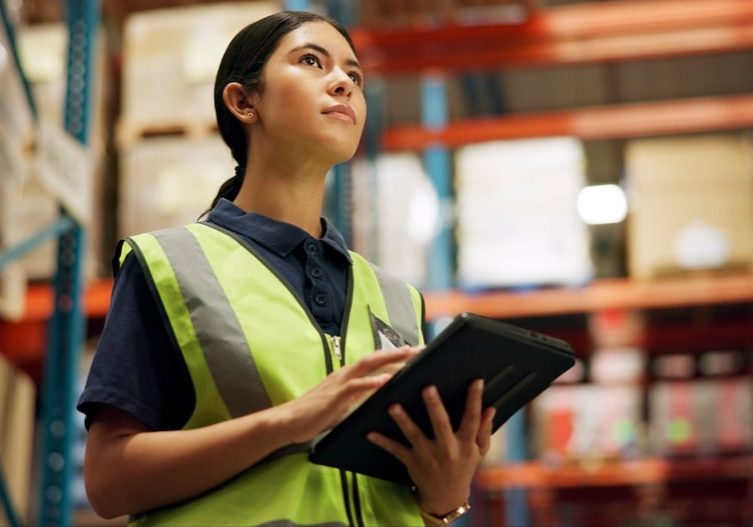 Thinking,,Warehouse,And,Woman,On,Tablet,For,Inspection,,Inventory,And Thinking, warehouse and woman on tablet for inspection, inventory and online stock