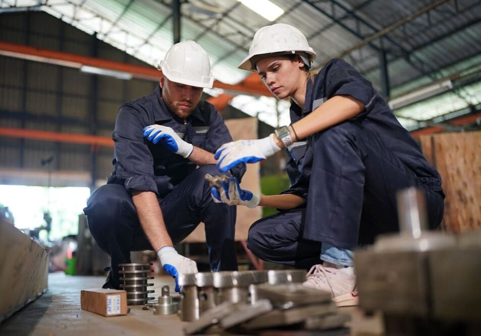 Two technicians in helmets and coveralls crouched examining metal components on the factory floor during quality inspection.