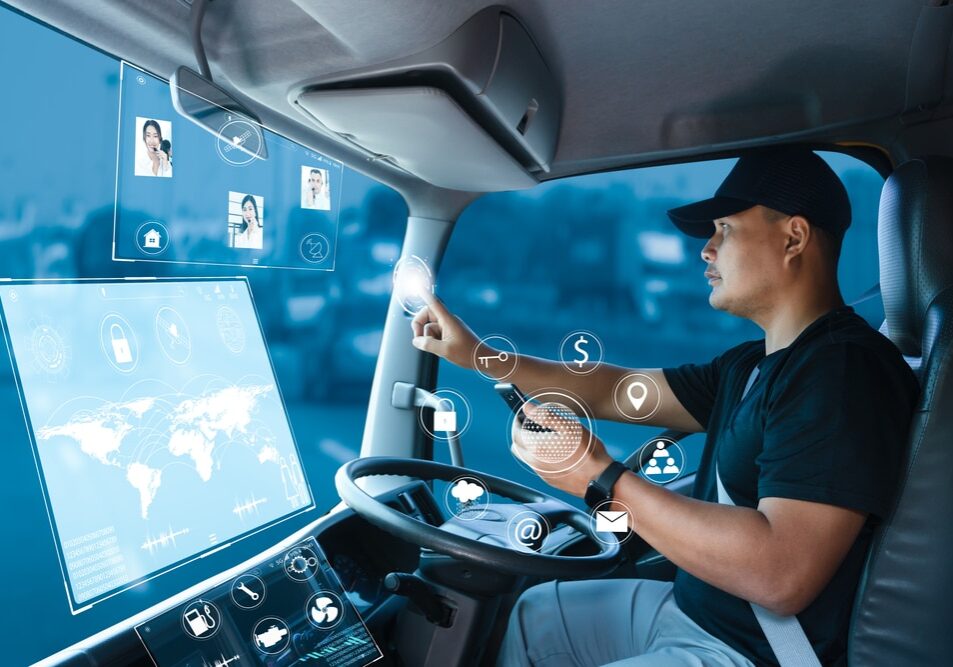 Truck,Driver,Connects,Team,Call,Center,Through,Internet,Network.,Delivery truck driver connects team call center through internet network