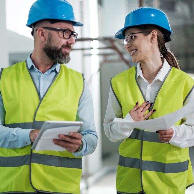 Engineers in hardhats have conversation
