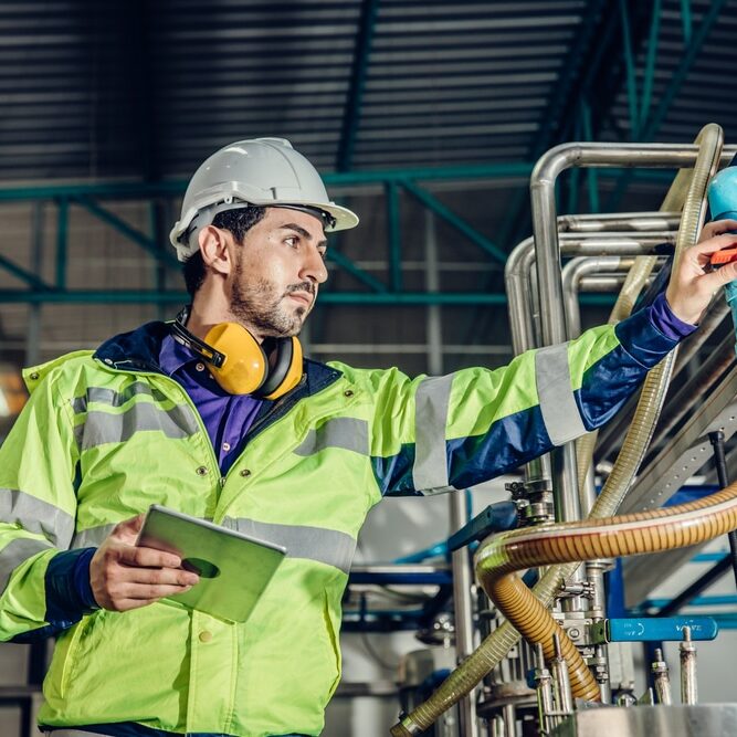 Young,Hispanic,Latin,Engineer,Working,In,A,Heavy,Industrial,Factory. Young hispanic latin engineer working in a heavy industrial factory.