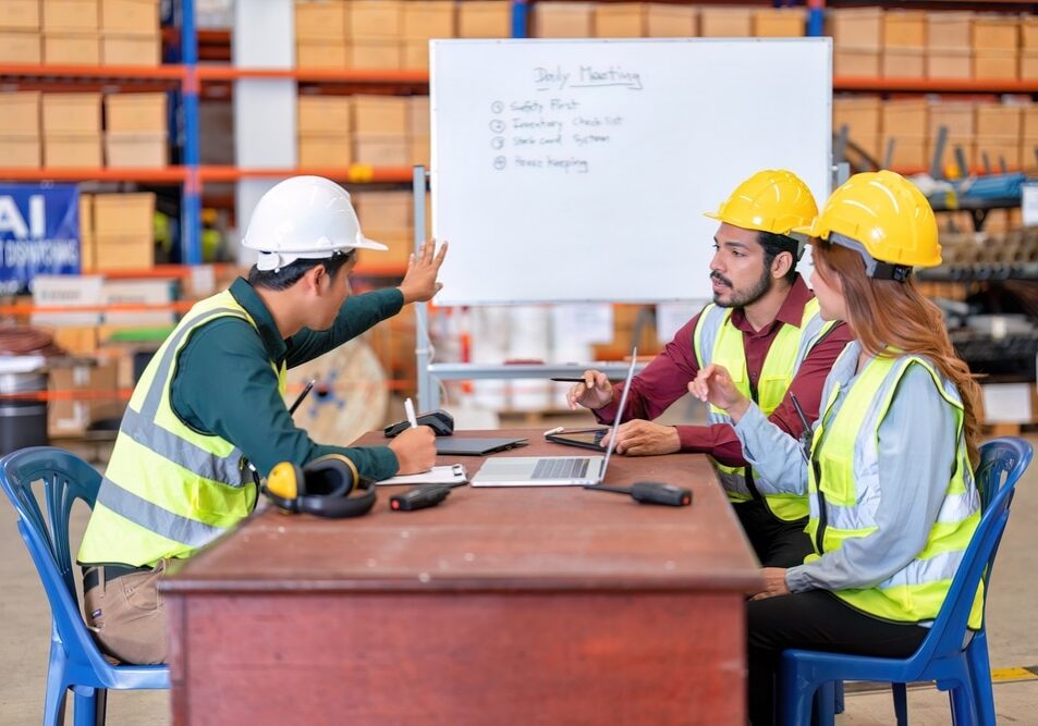 Group of worker in the warehouse factory conduct toolbox talk daily meeting